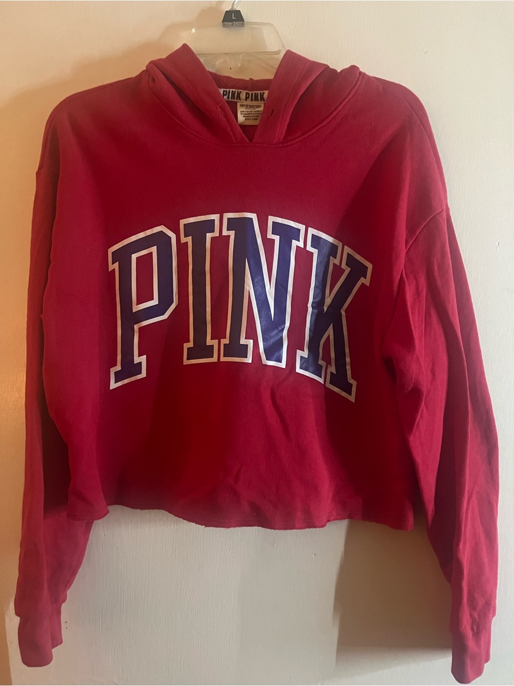 PINK Victoria's Secret Red Cropped Hoodie with Navy Logo